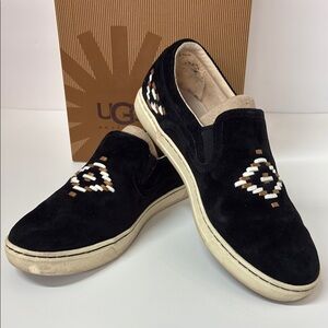UGG Fierce Rustic Weave Black Suede Slip-Ons with Geometric Design